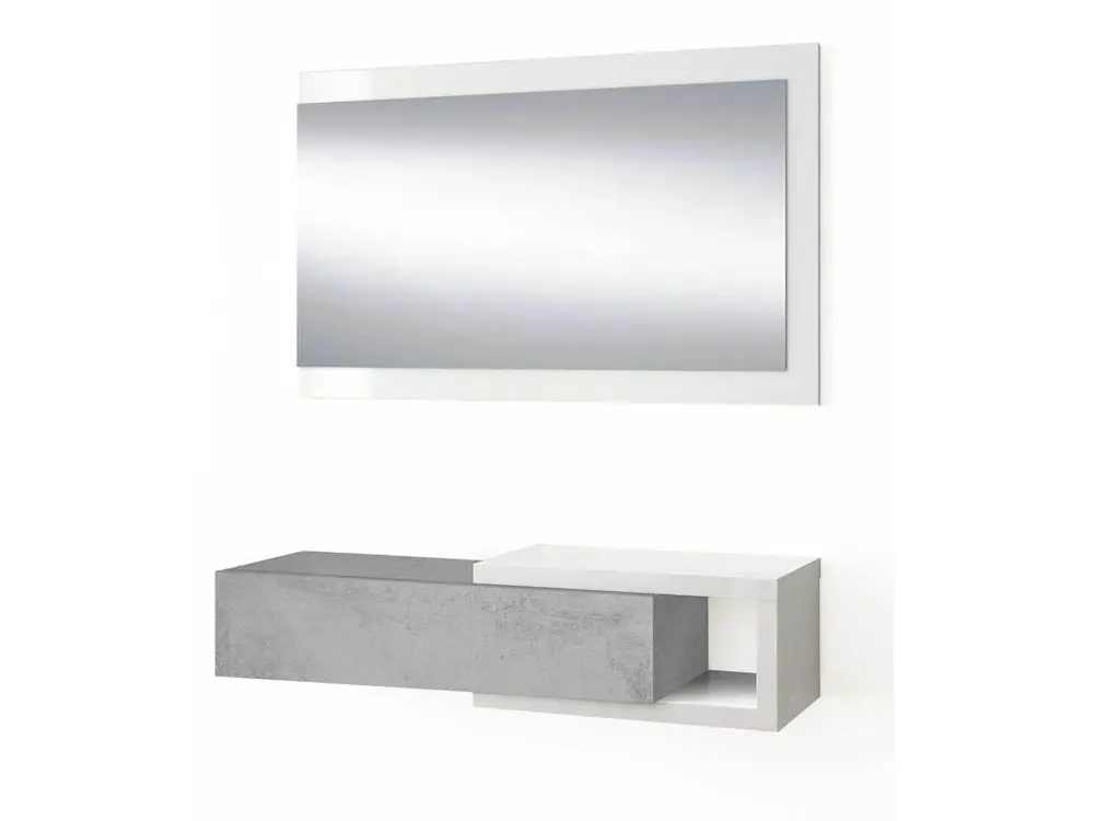 Meuble d'Entrée réversible avec Miroir et 1 Tiroir couleur blanc artic / gris ciment - Longueur 95 x Hauteur 19 x Profondeur 26 cm