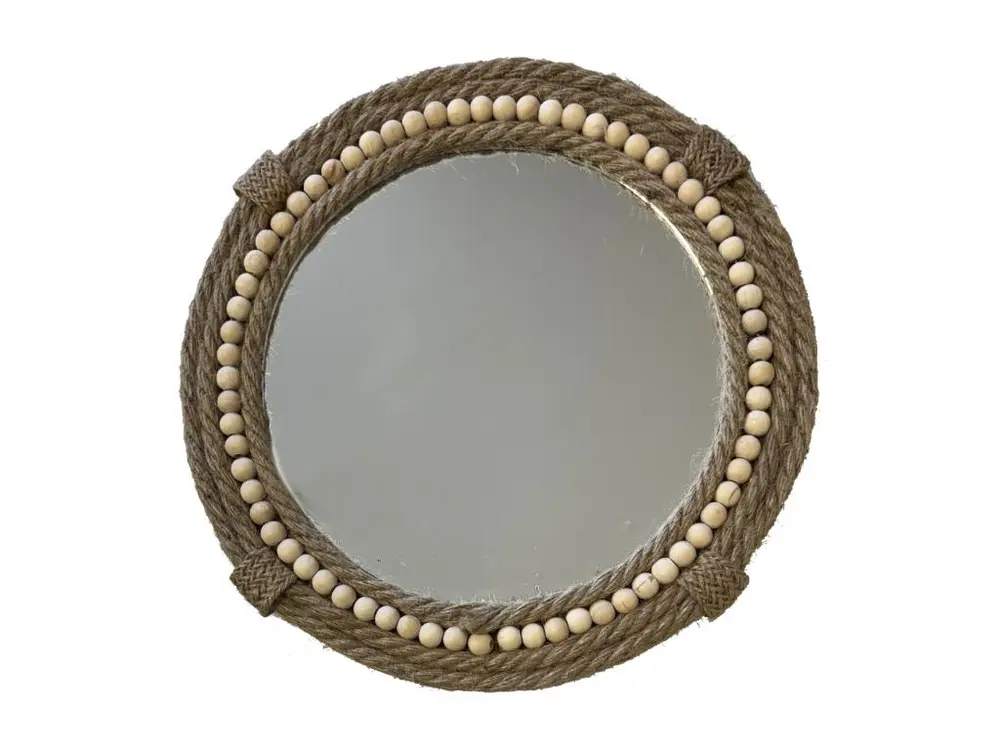 Miroir rond en jute tressée et perles de bois 30 cm