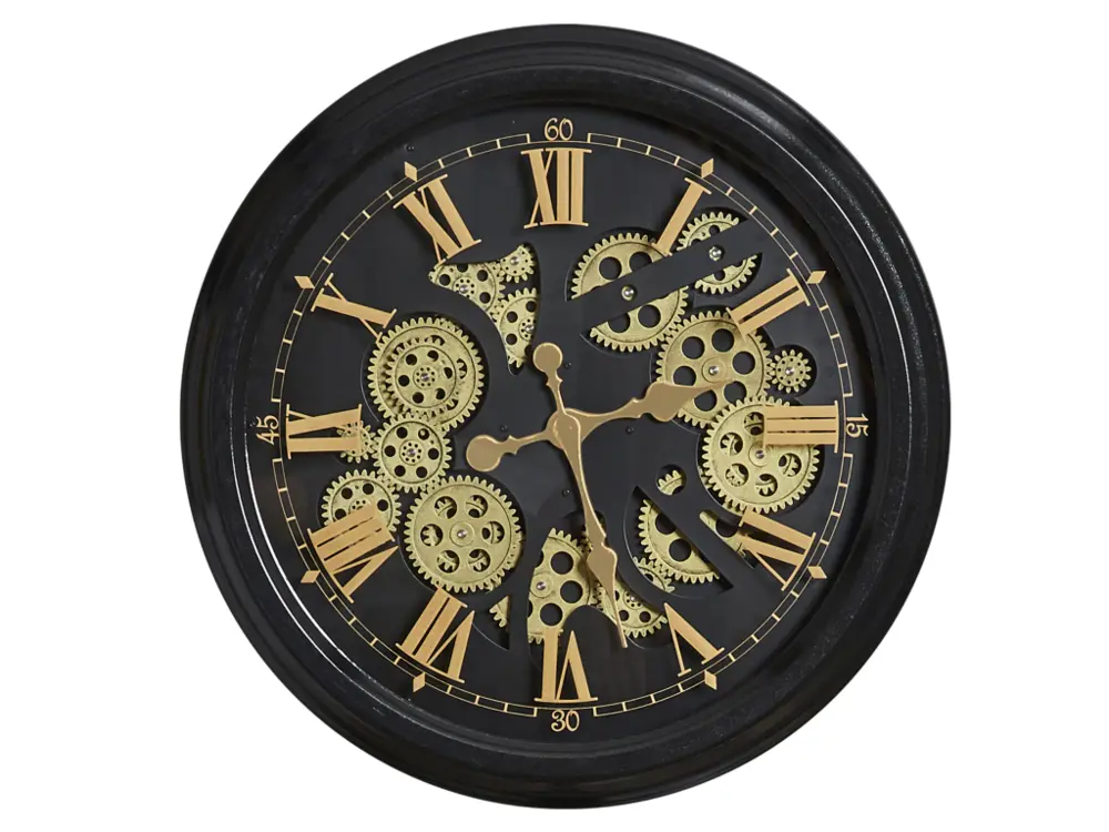 Horloge ronde noire et dorée mécanisme apparent 52x9x52cm