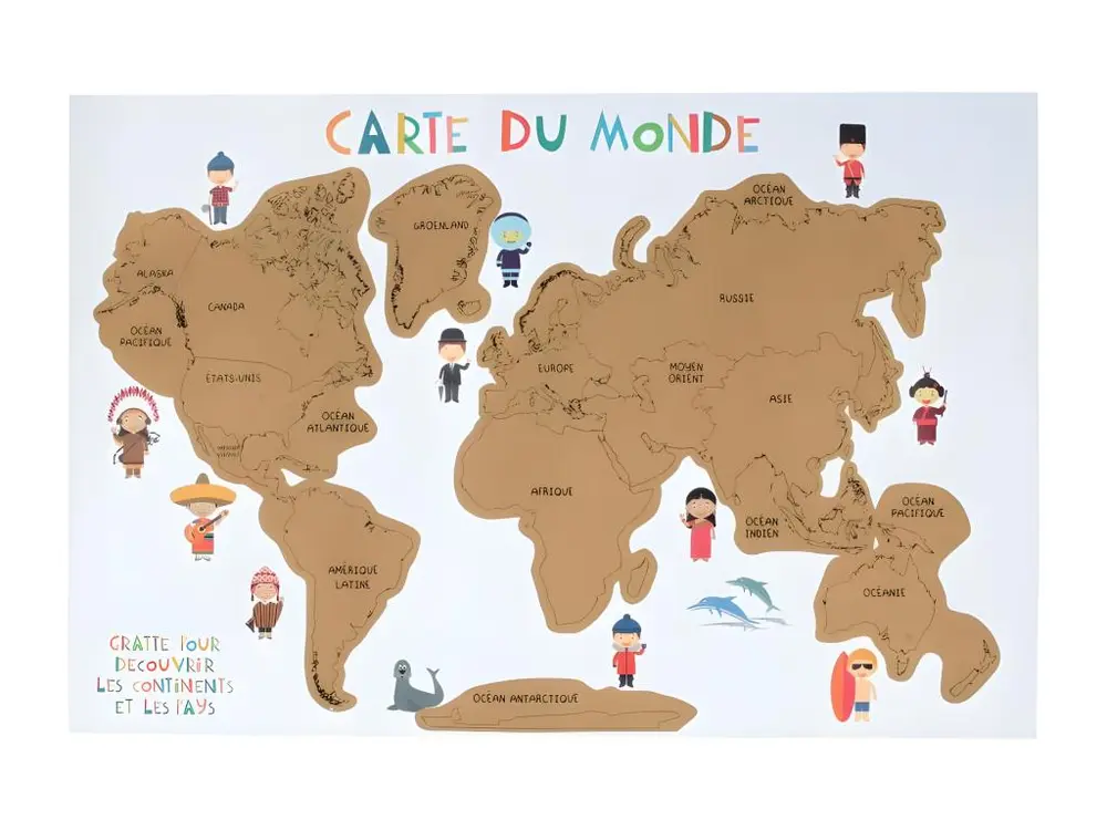 Poster Carte du Monde "A Gratter" 40x60cm Gris