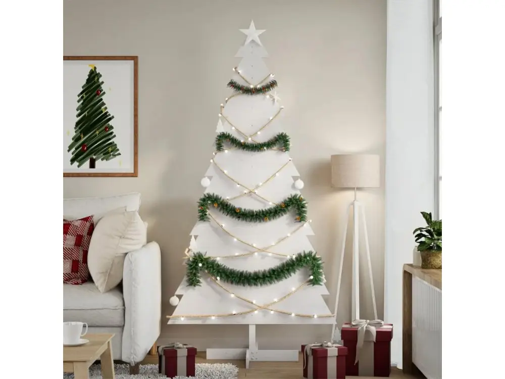 Arbre de Noël en bois pour décoration blanc 180 cm pin massif