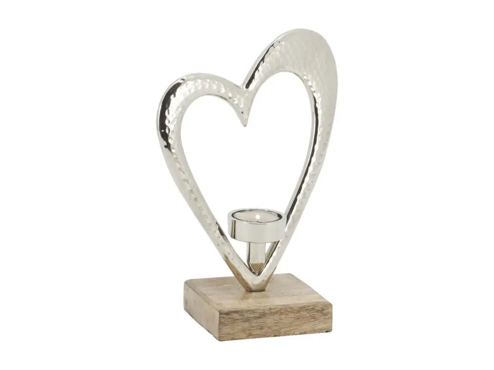 Photophore coeur en aluminium et bois de manguier