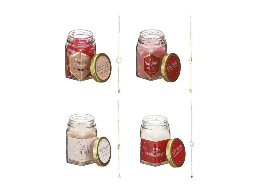 Bougie parfumée en bocal avec bijou surprise 4 senteurs : fleur de printemps + rose + vanille + rêve poudré