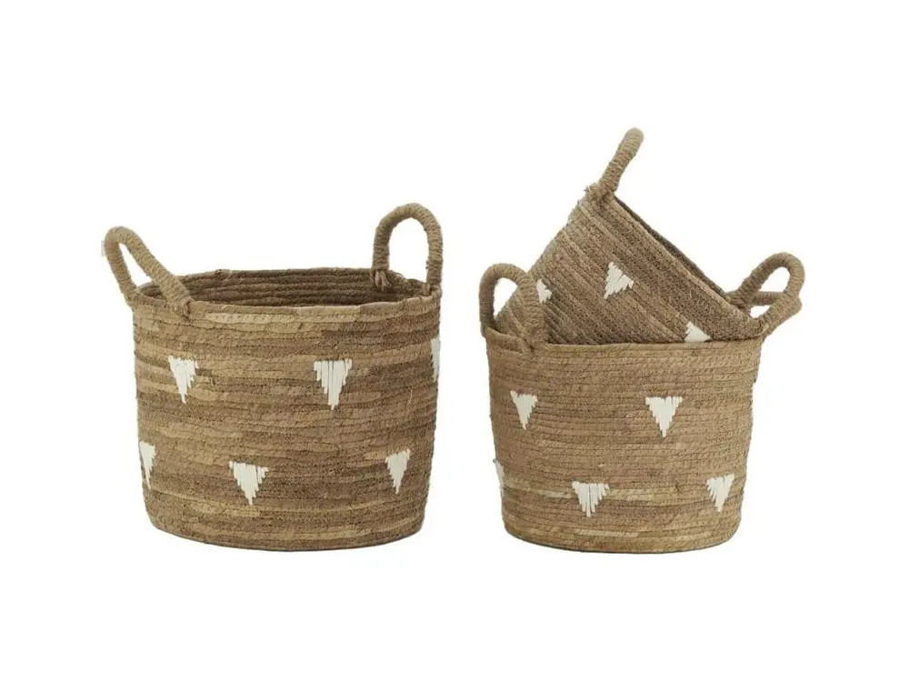 Cache-pots en abaca naturel et triangles blancs (lot de 3)