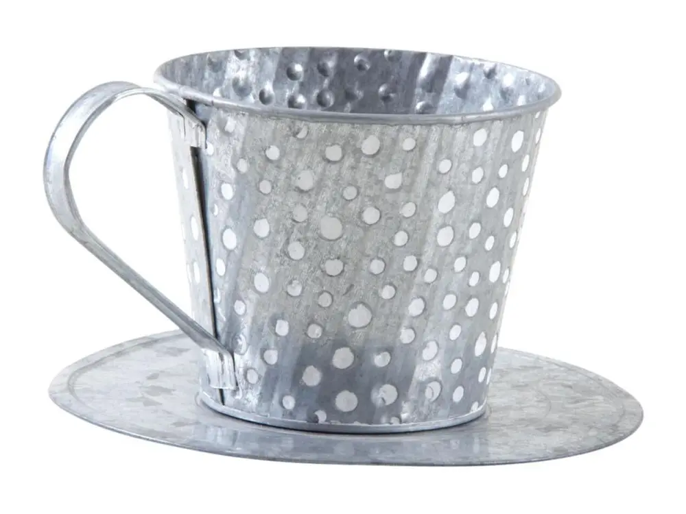 Tasse en métal gris avec pois blancs