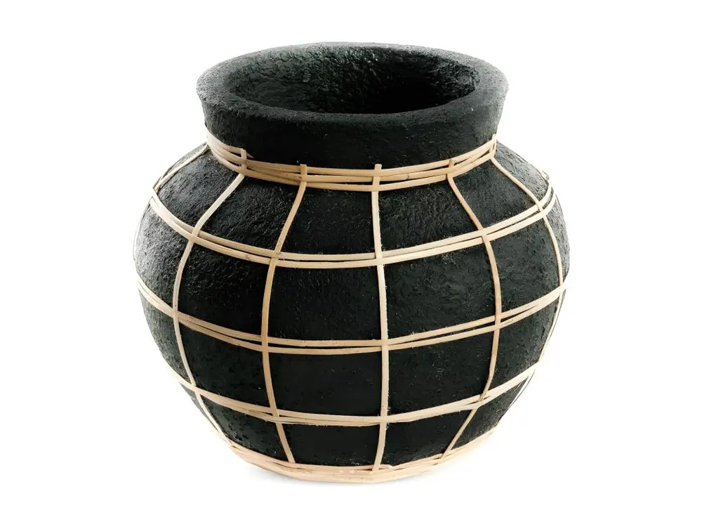 Vase avec rotin en béton noir 25x25x19cm