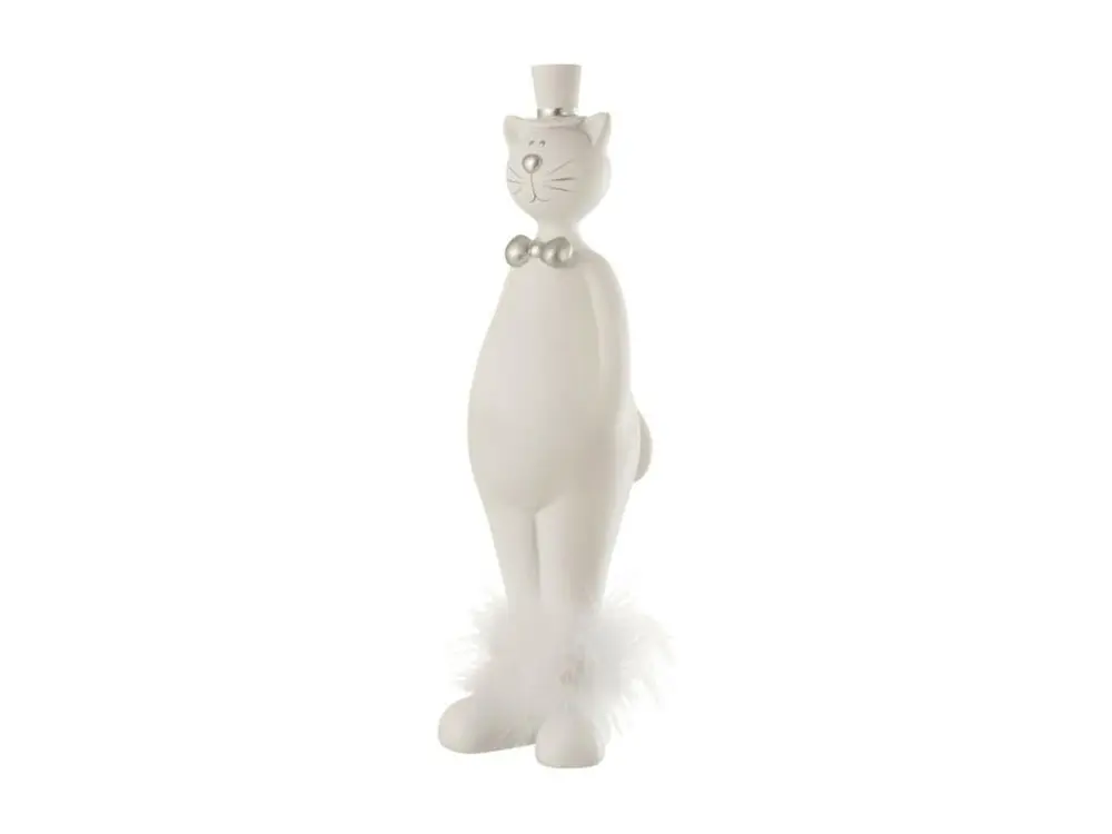 Statuette Déco "Chat avec Chapeau" 33cm Blanc & Argent