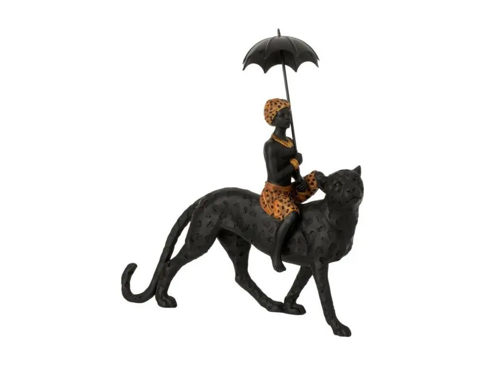 Statuette Déco "Garçon sur Léopard" 34cm Noir