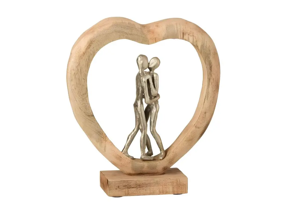 Statue Déco en Bois "Couple & Cœur" 35cm Naturel