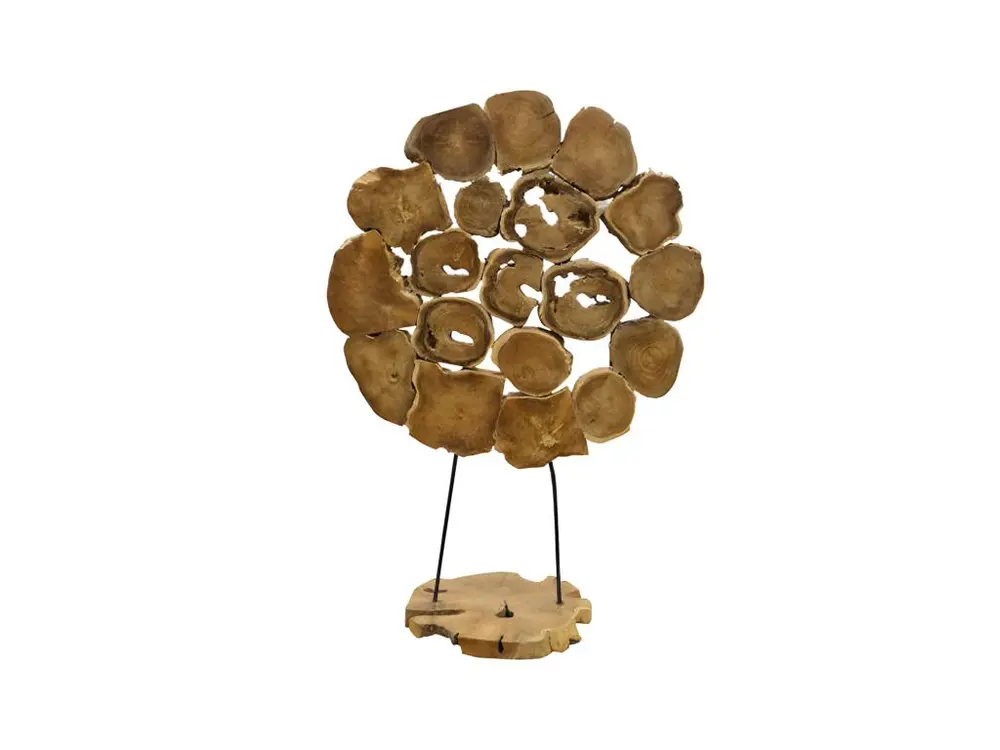 Sculpture ronde en bois de teck flotté sur socle H 120 cm - WOODY