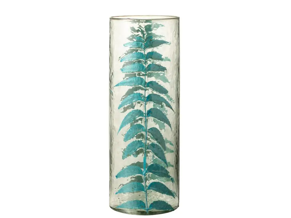 Vase bleu feuille verre 16x16x42,5cm