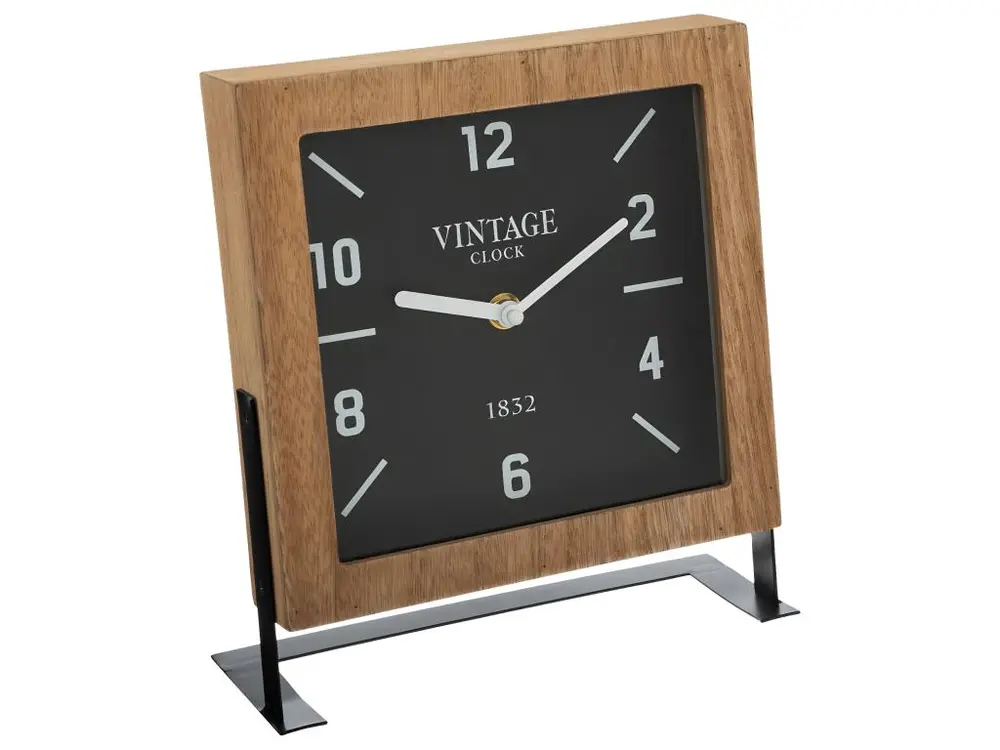 Horloge à poser en bois et support en métal Noir H 23 cm