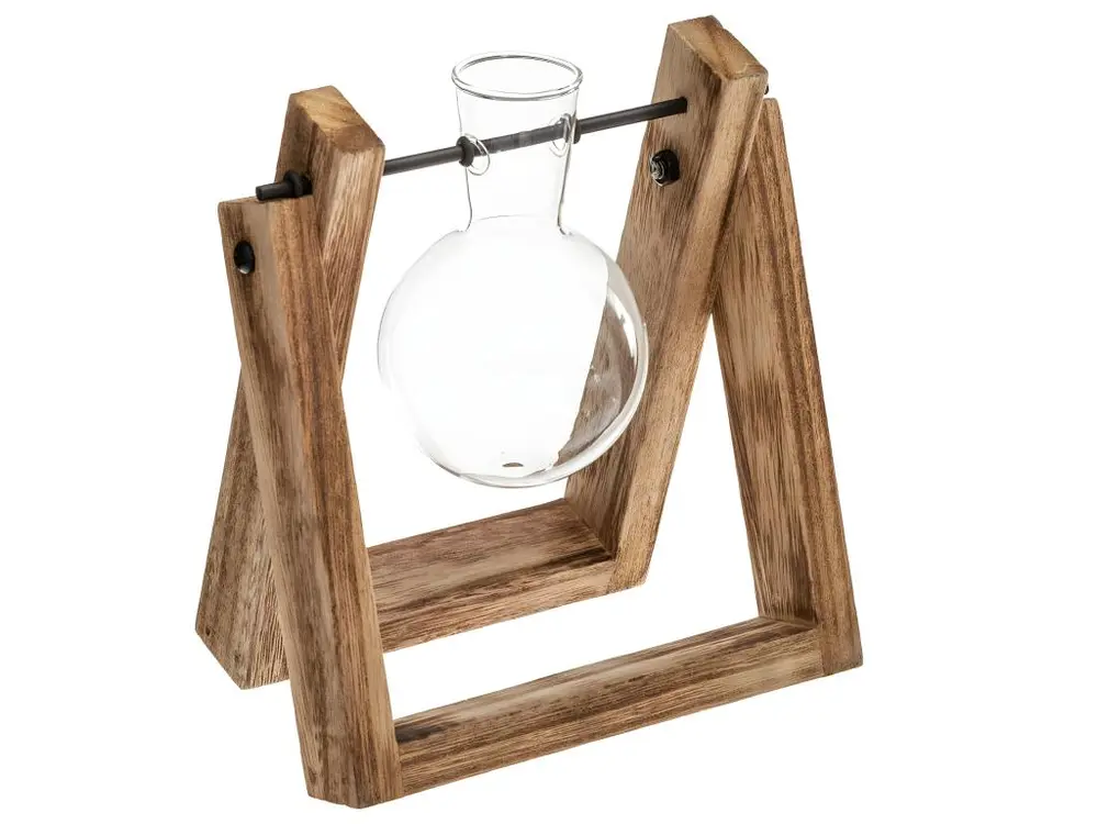 Soliflore en verre avec support en Bois H 16 cm