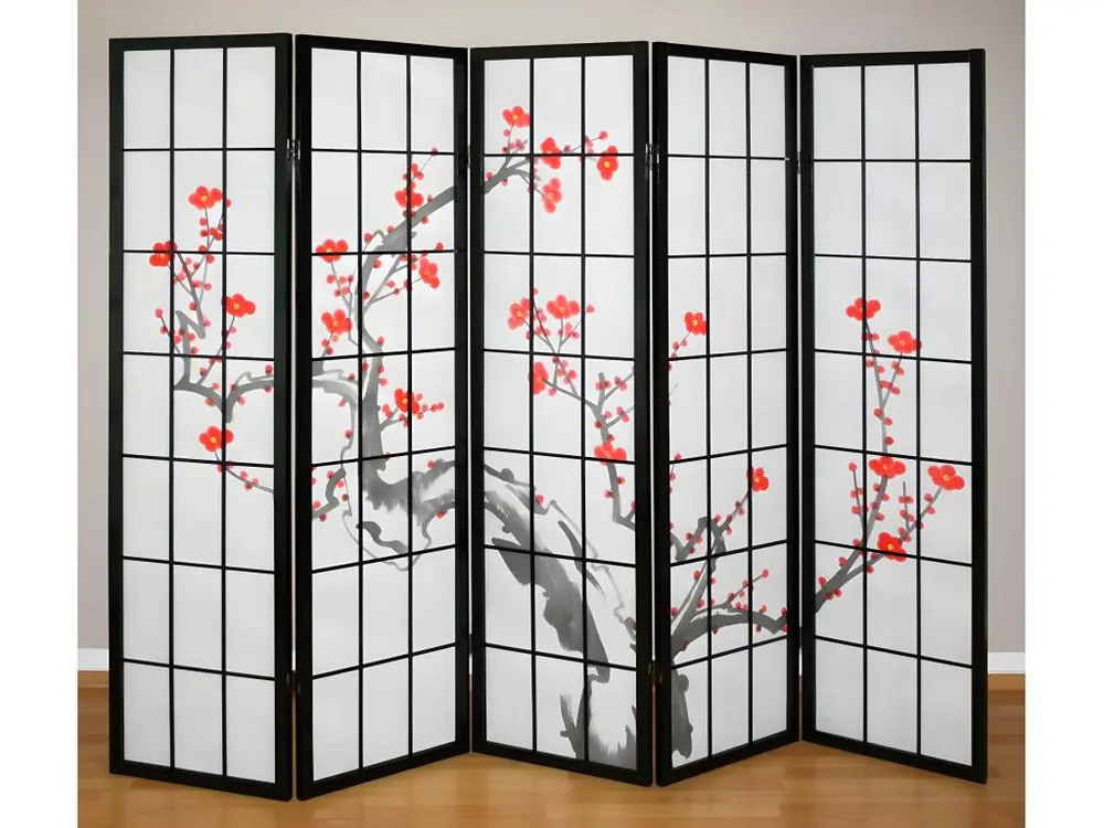 Paravent 5 panneaux japonais en bois noir 220x175cm PAR06015