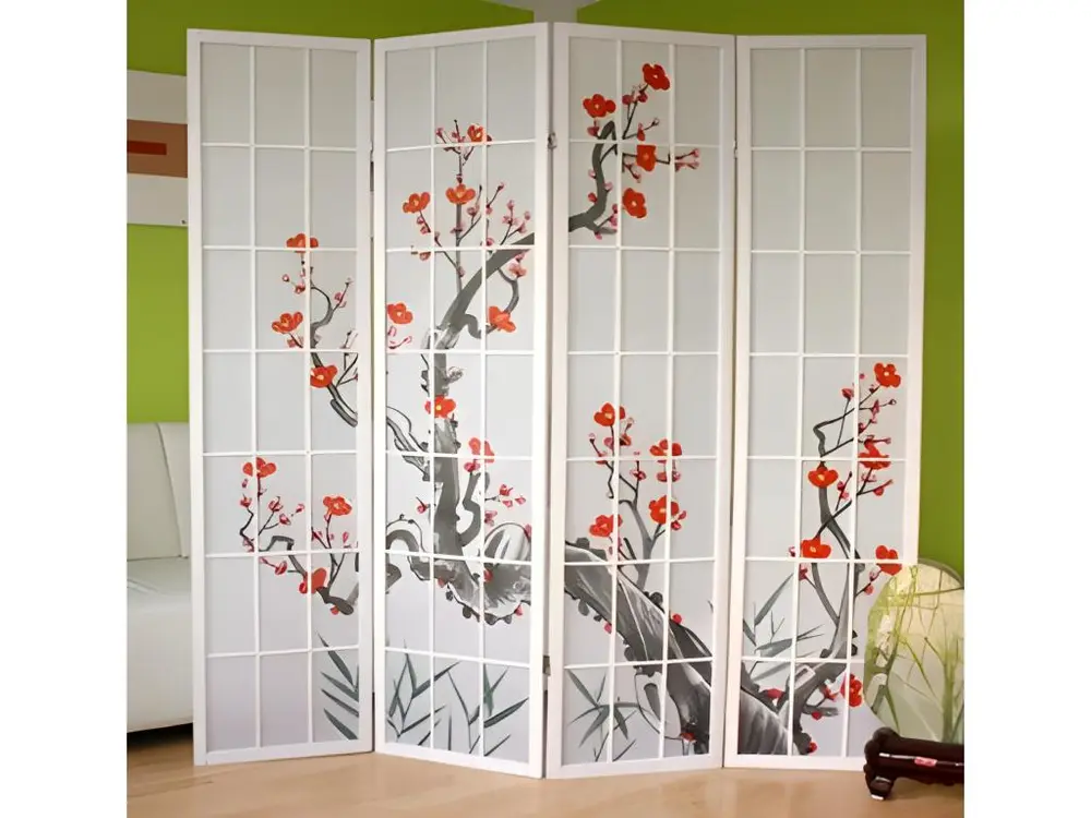 Paravent 4 panneaux japonais en bois blanc 176x175 cm PAR06017