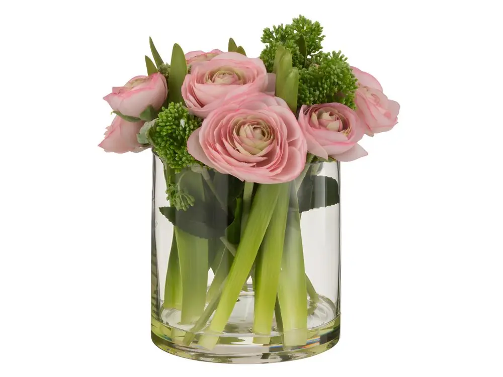 Renoncule dans vase plastique verre rose large