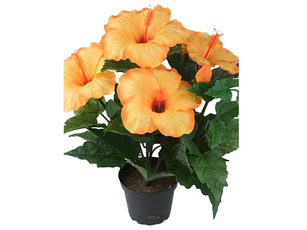 Hibiscus artificiel en pot H 38 cm 6 têtes Orange Safran