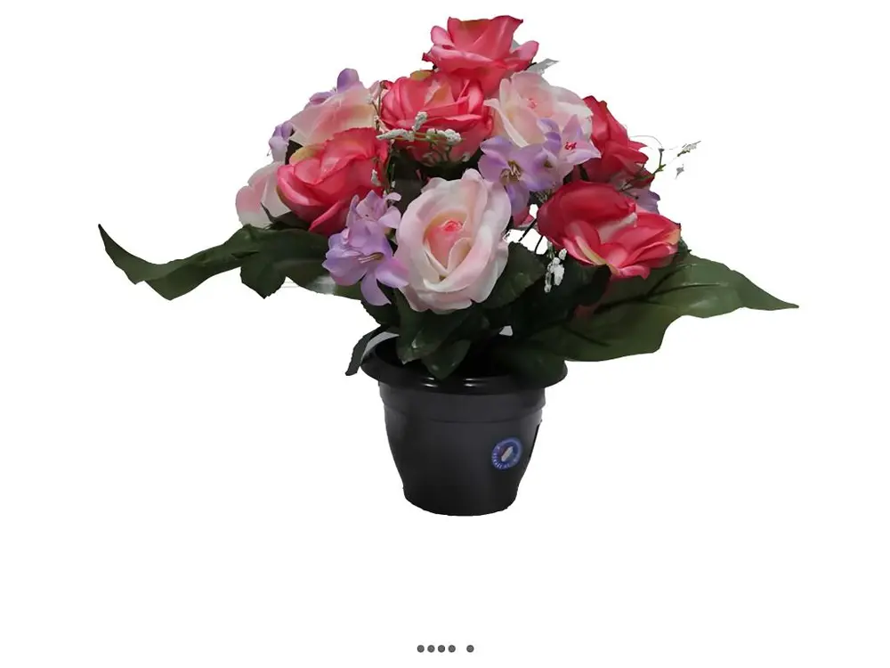 Fleurs artificielles cimetière pot de roses, min fleurs et gypsophiles H 36 cm D 32 cm Rose fushia - couleur: Rose fushia