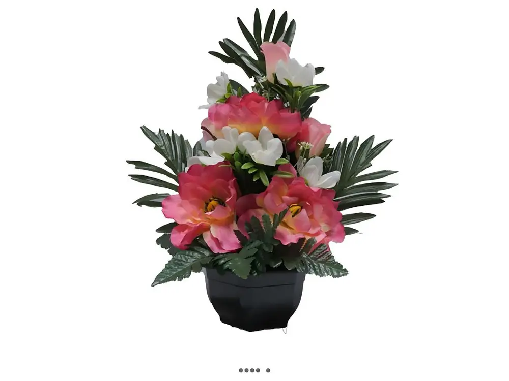 Vasque fleurs artificielles cimetière roses, orchidées, camélias H 39 cm L 35 cm Rose soutenu - couleur: Rose soutenu