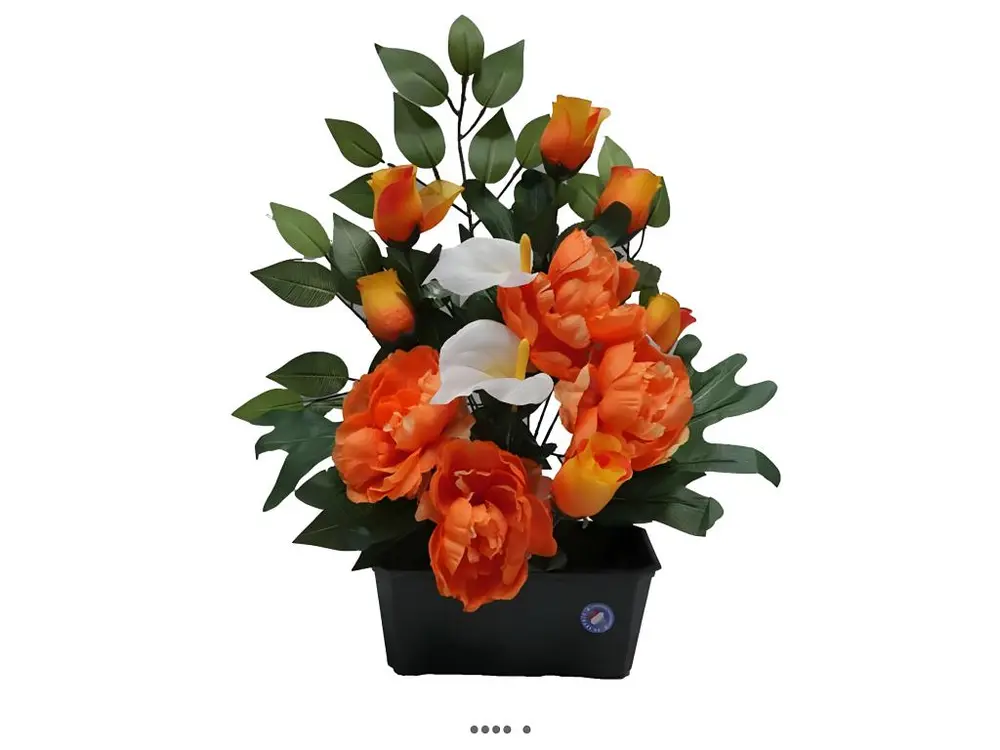 Fleurs artificielles cimetière jardinière pivoines et arums H55 cm L49 cm Orange - couleur: Orange