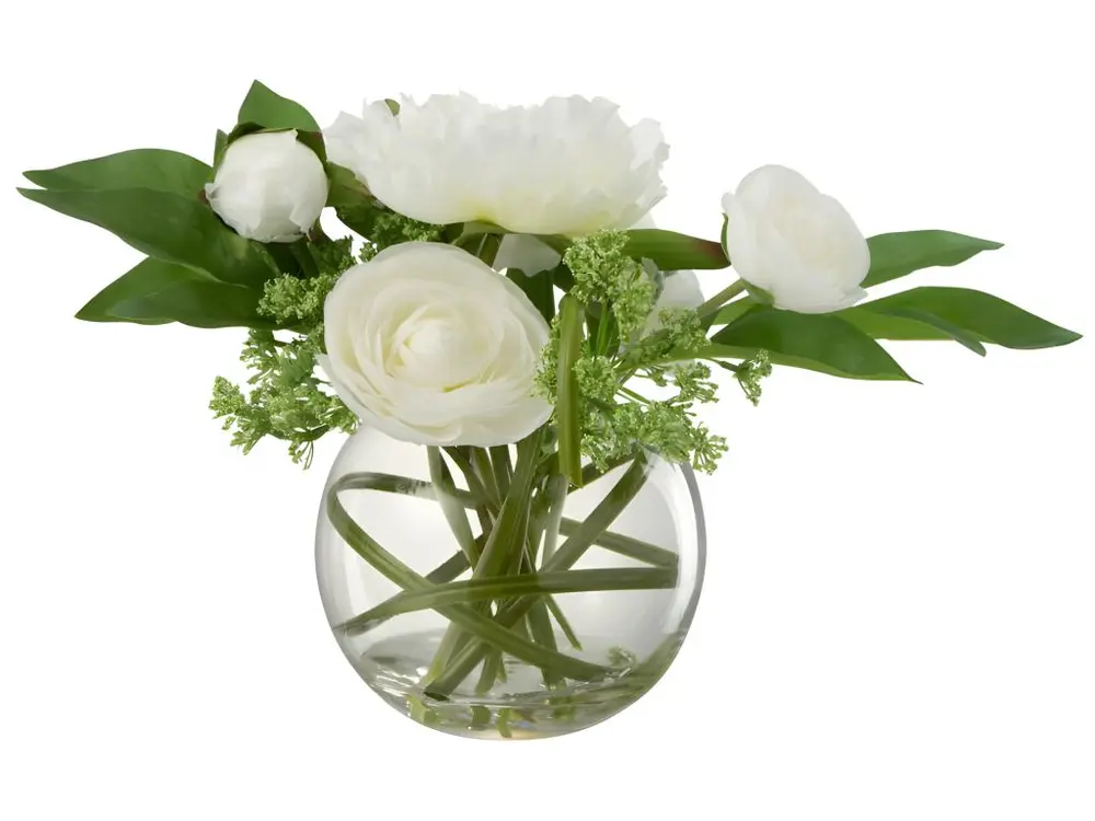 Renoncule de pivoine en vase boule en plastique blanc 26x26x28cm