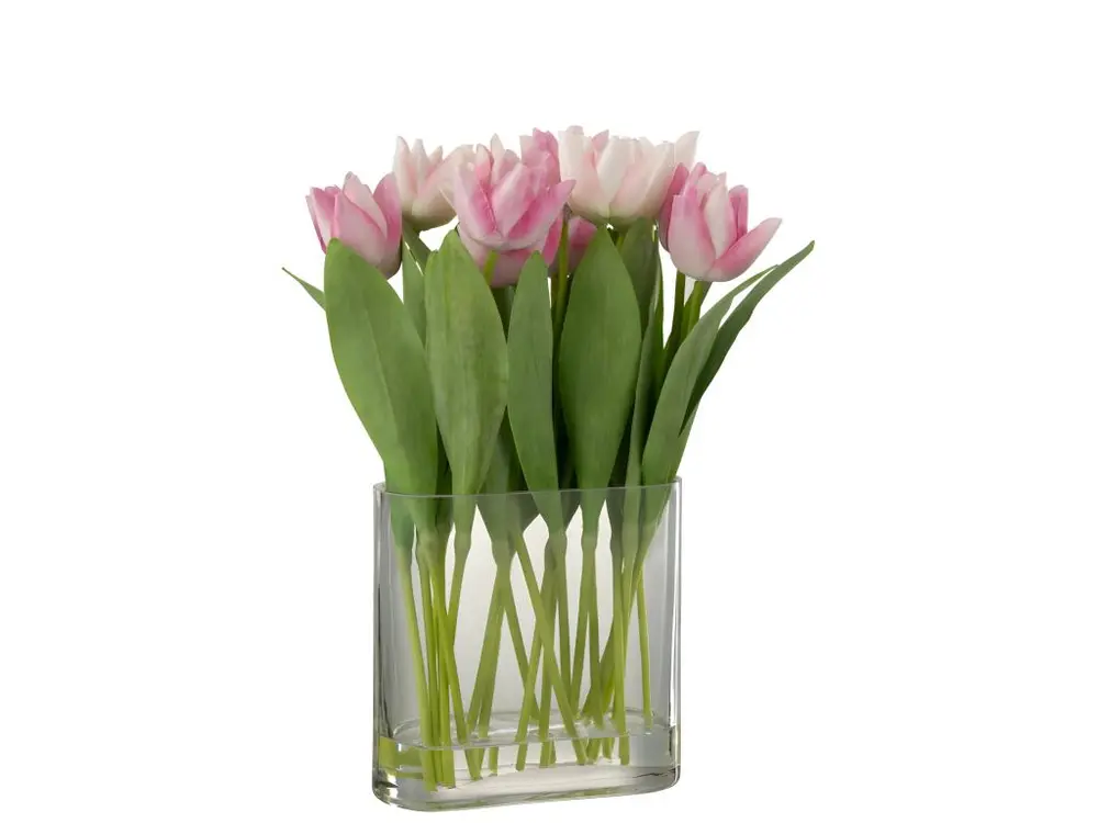 Bouquet de tulipes artificiel dans vase ovale en plastique rose 19x12x38 cm