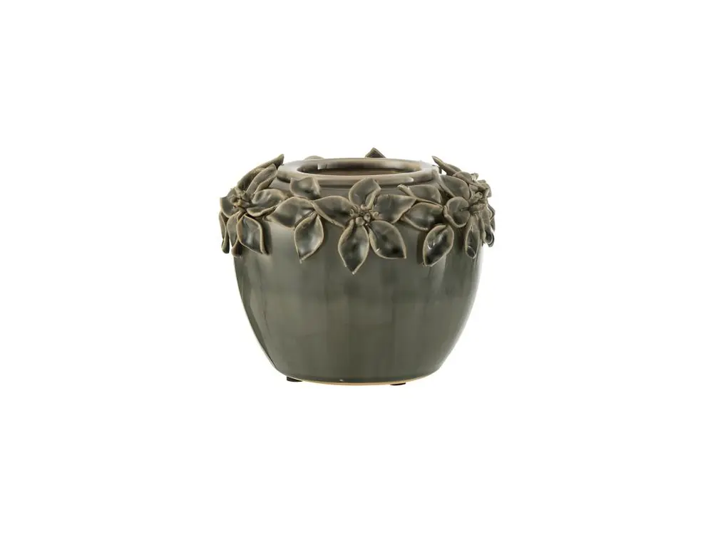 Cache pot en céramique gris foncé avec décoration de fleurs