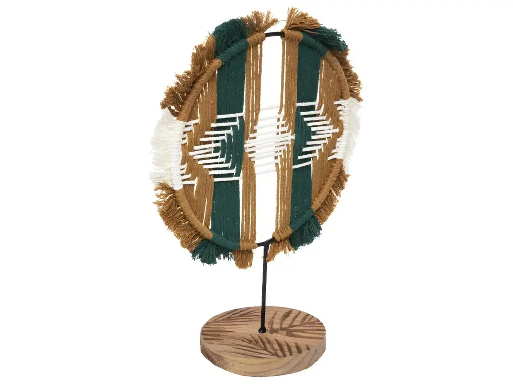 Objet déco Macramé coloré et frangé sur pied en Bois de Paulownia H 30 cm