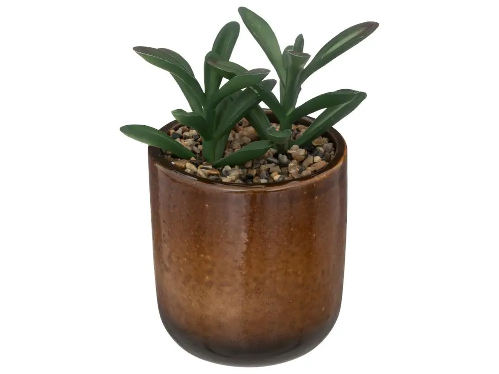 Plante verte artificielle Pot en céramique Ocre émaillée H 16 cm