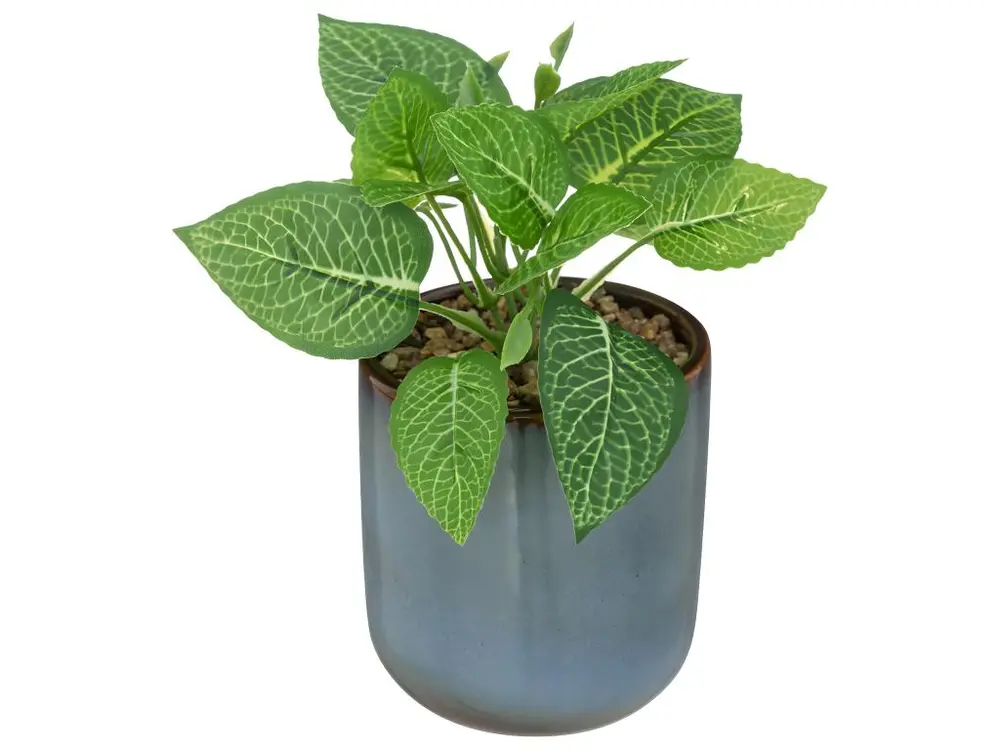 Plante verte artificielle Pot en céramique Bleue émaillée H 16 cm