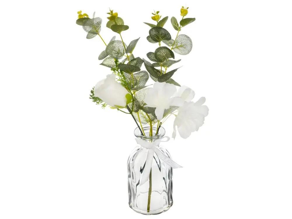 Composition florale artificielle Eucalyptus et Fleurs Vase en Verre H 41 cm