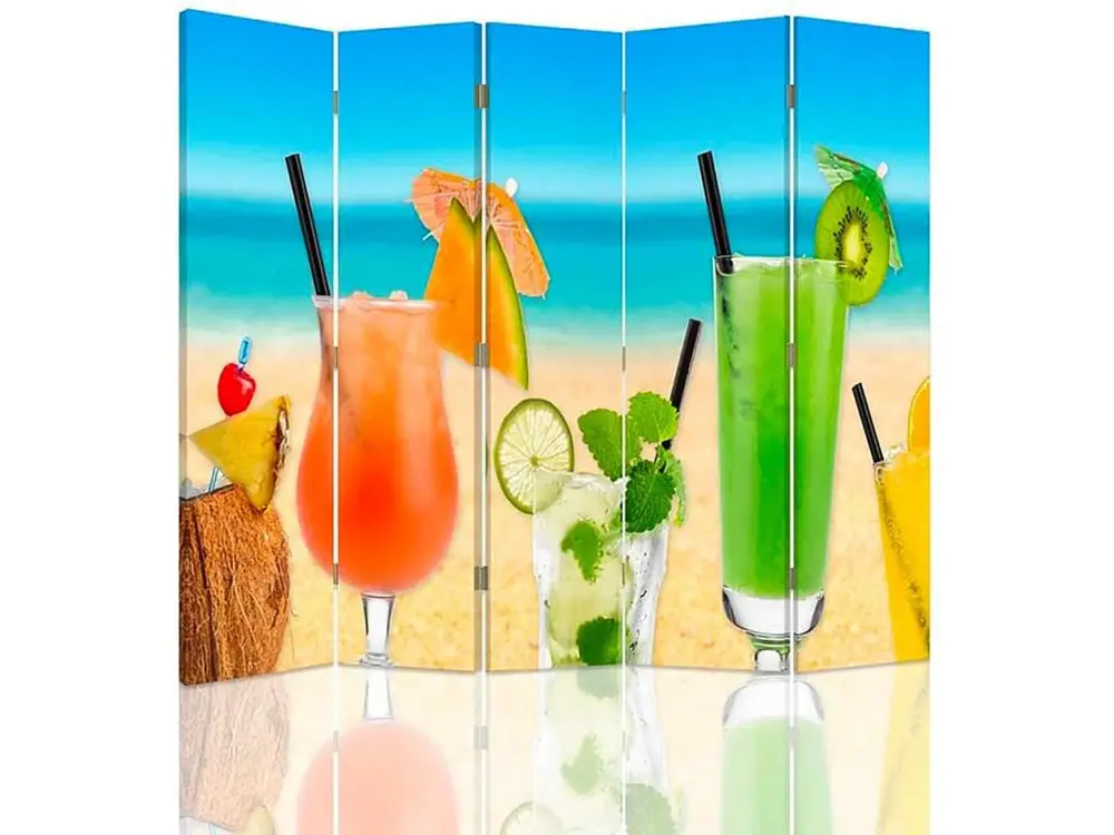 Paravent boissons sur la plage 5 volets - 180 x 150 cm - 2 faces R° V° + rotation 360°