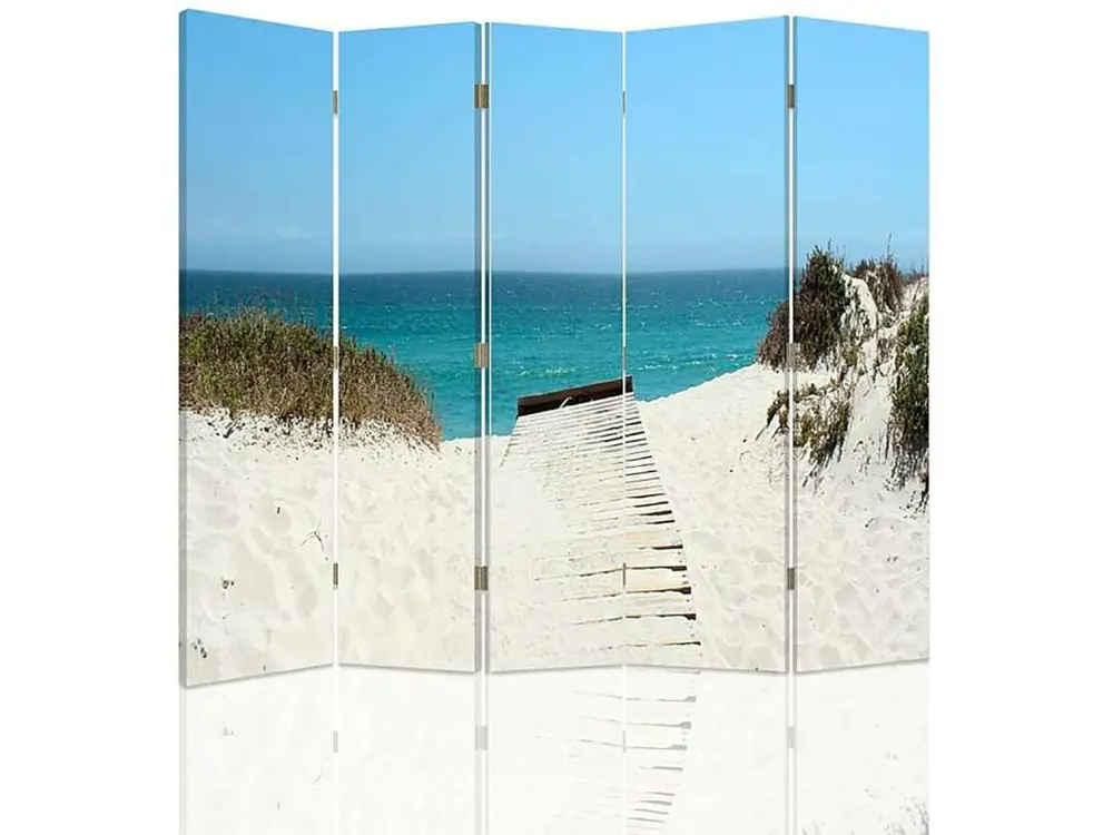 Paravent passage de la plage 1 5 volets - 180 x 180 cm - 1 face déco, 1 face noir