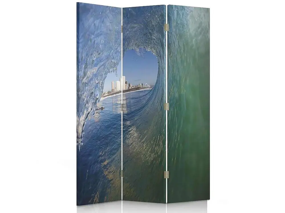 Paravent vagues surplombant la ville 3 volets - 110 x 150 cm - 2 faces R° V° + rotation 360°