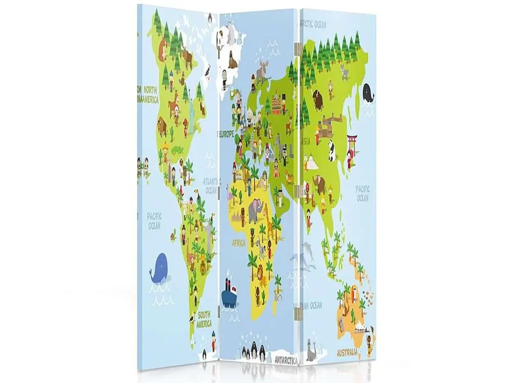 Paravent carte du monde pour les enfants 3 volets - 110 x 180 cm - 2 faces R° V° + rotation 360°