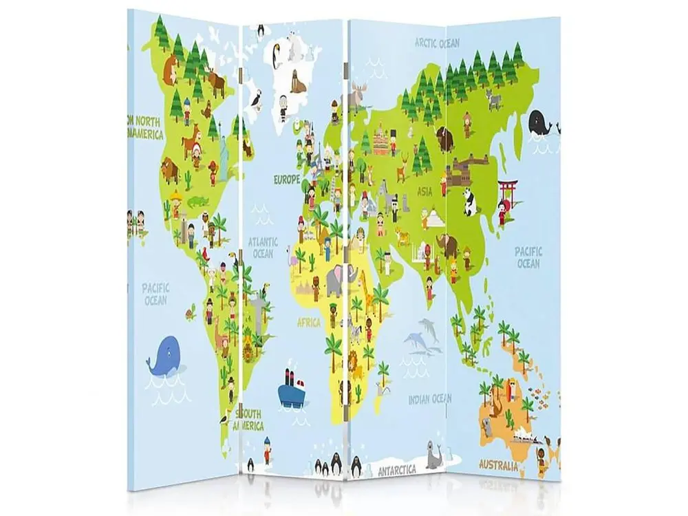 Paravent carte du monde pour les enfants 4 volets - 145 x 180 cm - 1 face déco, 1 face noir