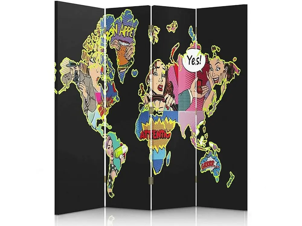 Paravent pop art noir carte du monde 4 volets - 145 x 180 cm - 1 face déco, 1 face noir