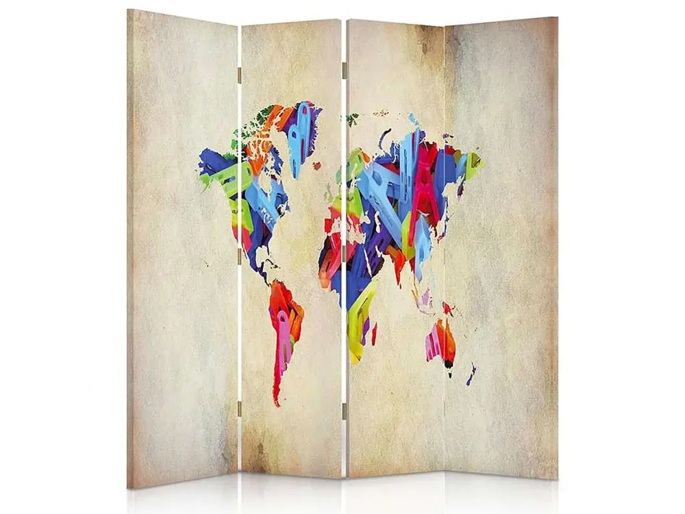 Paravent carte du monde colore 4 volets - 145 x 150 cm - 2 faces R° V°