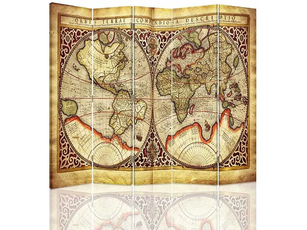 Paravent ancienne carte du monde 5 volets - 180 x 150 cm - 2 faces R° V°