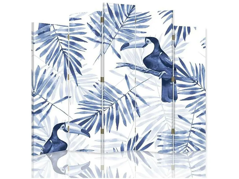 Paravent toucans bleu 5 volets - 180 x 180 cm - 2 faces R° V° + rotation 360°