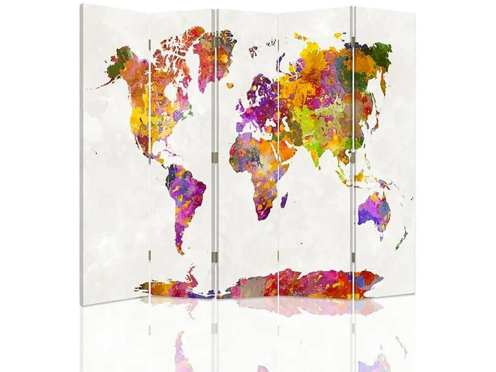 Paravent mappemonde multicolore 5 volets - 180 x 180 cm - 1 face déco, 1 face noir