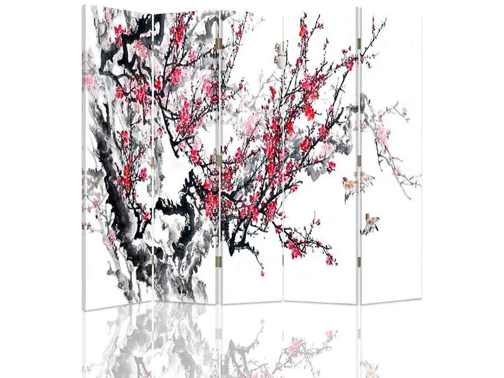 Paravent cerise japonaise 5 volets - 180 x 180 cm - 1 face déco, 1 face noir