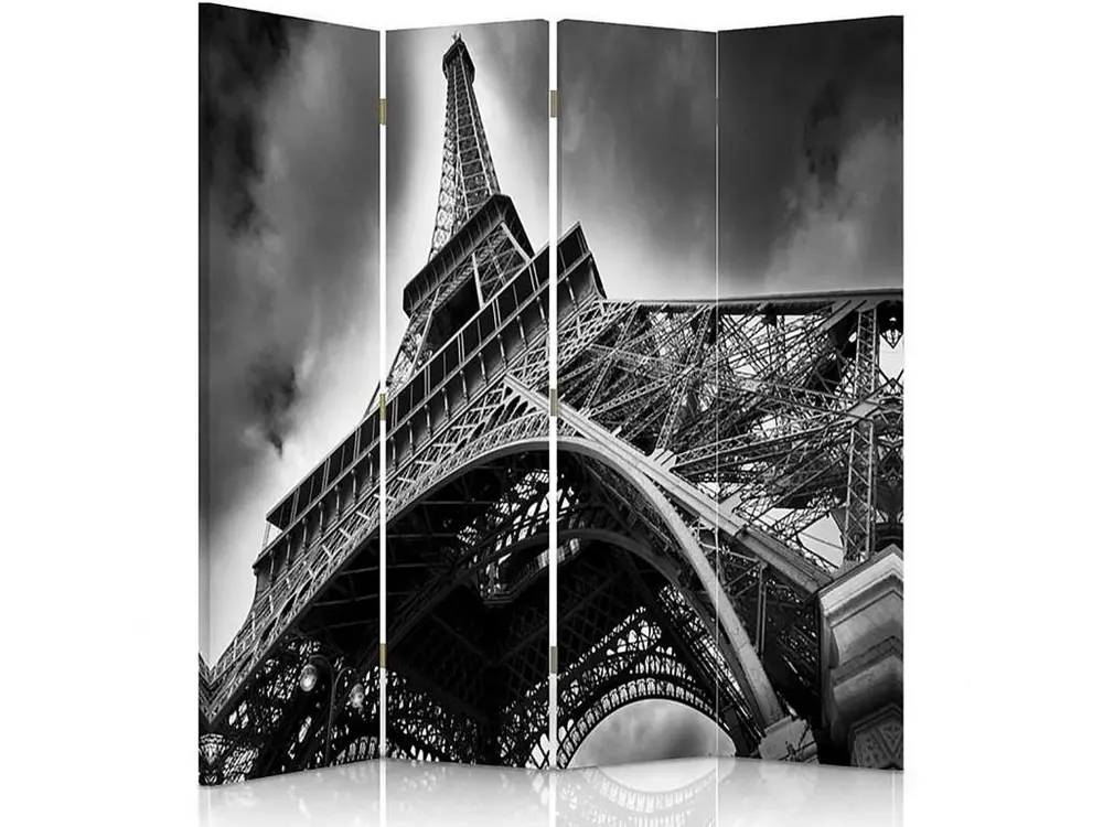 Paravent tour eiffel 4 volets - 145 x 180 cm - 1 face déco, 1 face noir