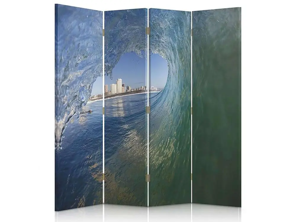 Paravent vagues surplombant la ville 4 volets - 145 x 180 cm - 2 faces R° V° + rotation 360°