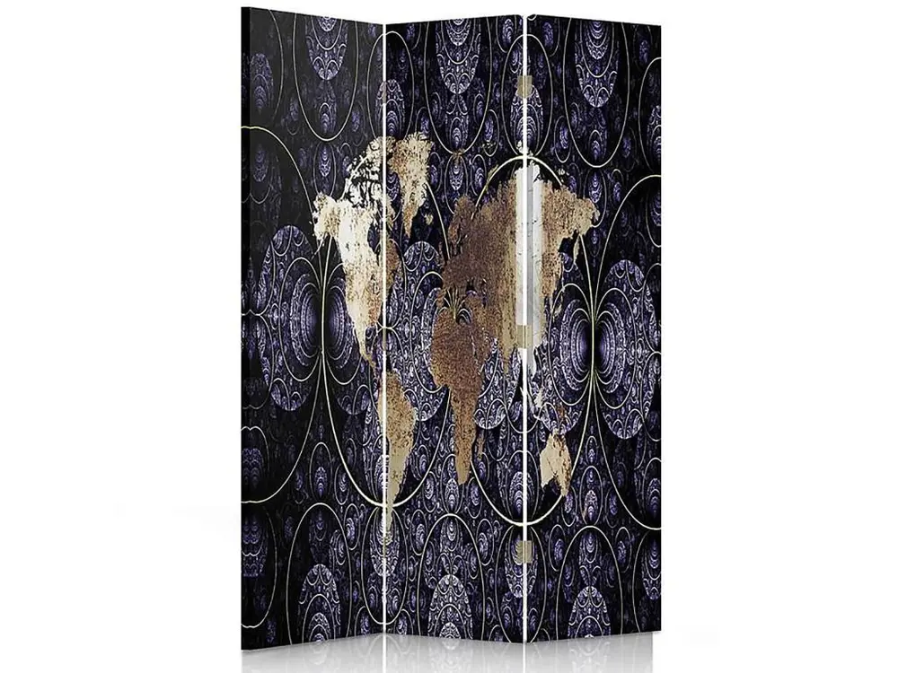 Paravent carte du monde 3 volets - 110 x 150 cm - 1 face déco, 1 face noir