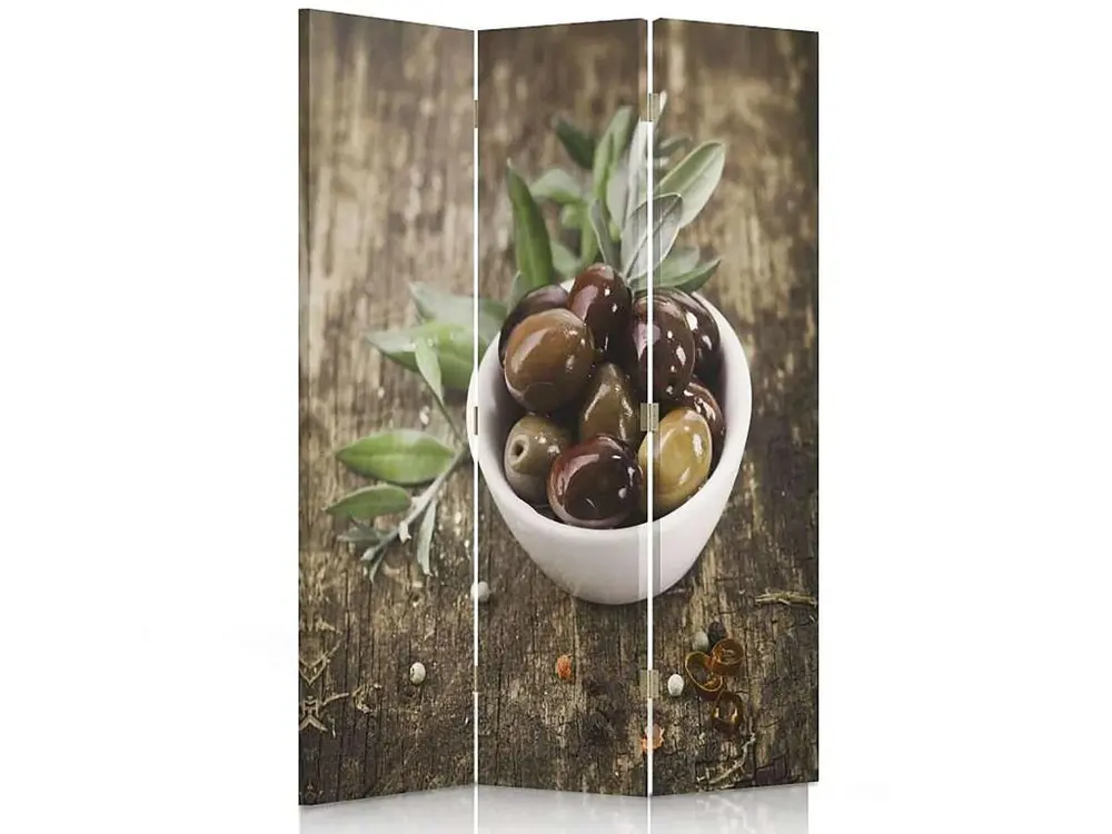 Paravent olives fraîches 3 volets - 110 x 180 cm - 2 faces R° V° + rotation 360°