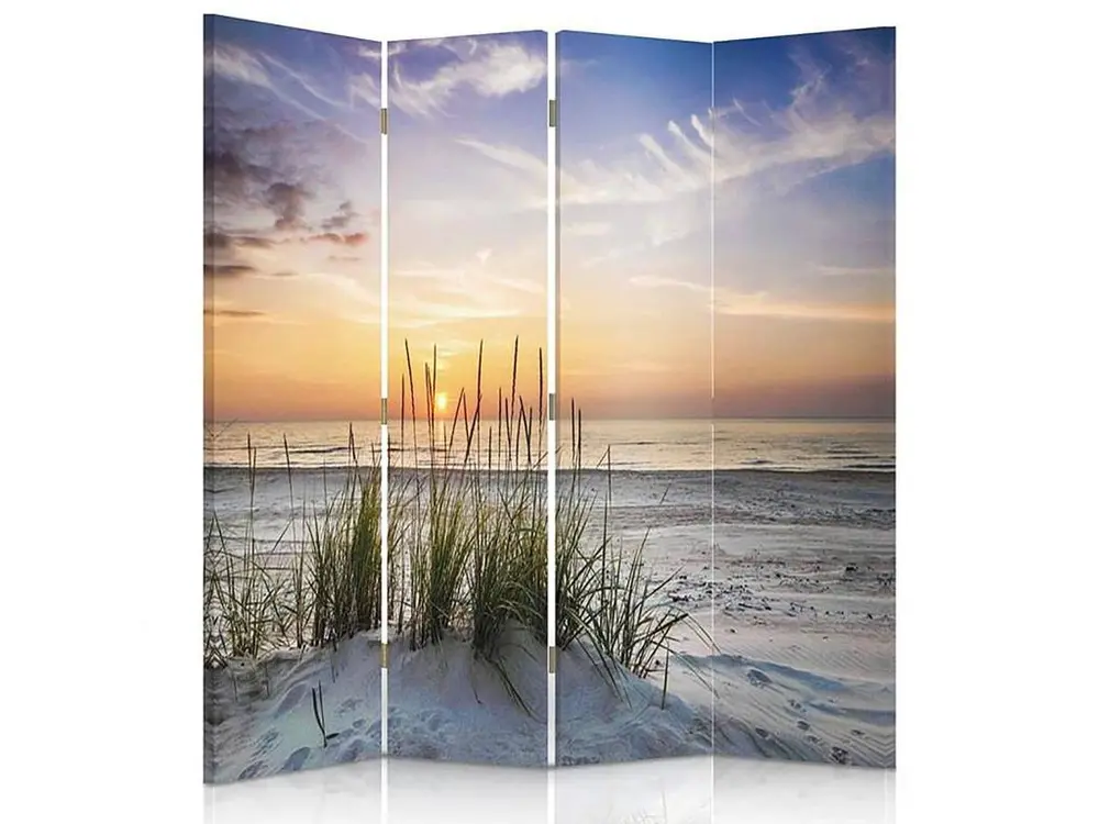 Paravent herbe sur la plage 4 volets - 145 x 150 cm - 1 face déco, 1 face noir