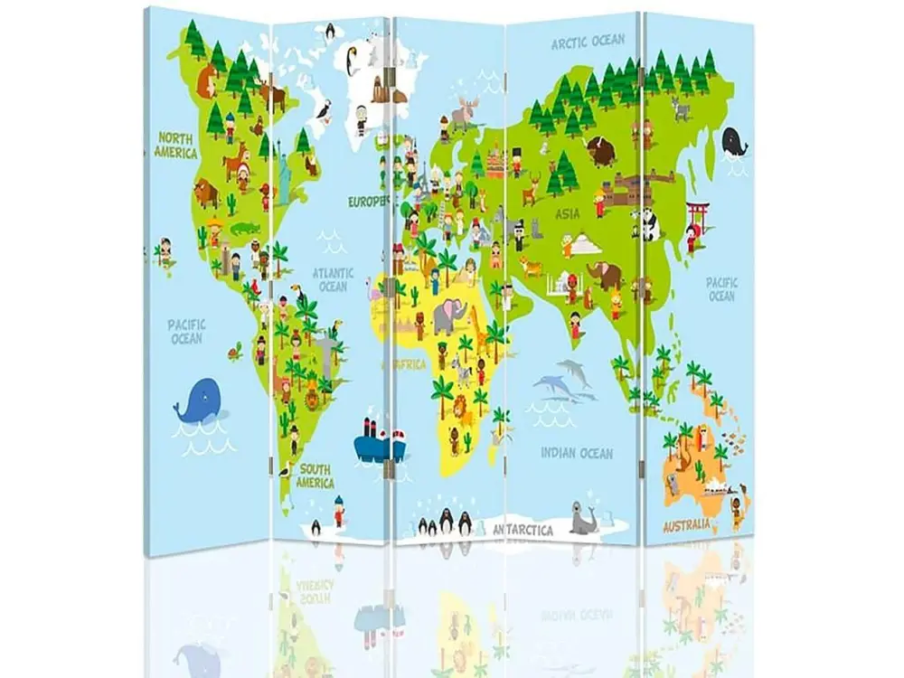 Paravent carte du monde pour les enfants 5 volets - 180 x 180 cm - 1 face déco, 1 face noir