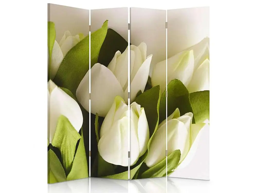 Paravent tulipes blanches 2 4 volets - 145 x 150 cm - 1 face déco, 1 face noir