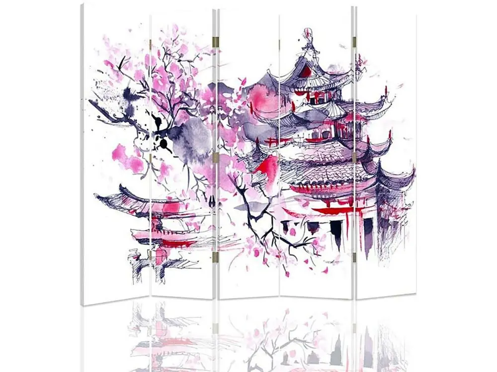 Paravent paysage japonais 5 volets - 180 x 180 cm - 1 face déco, 1 face noir